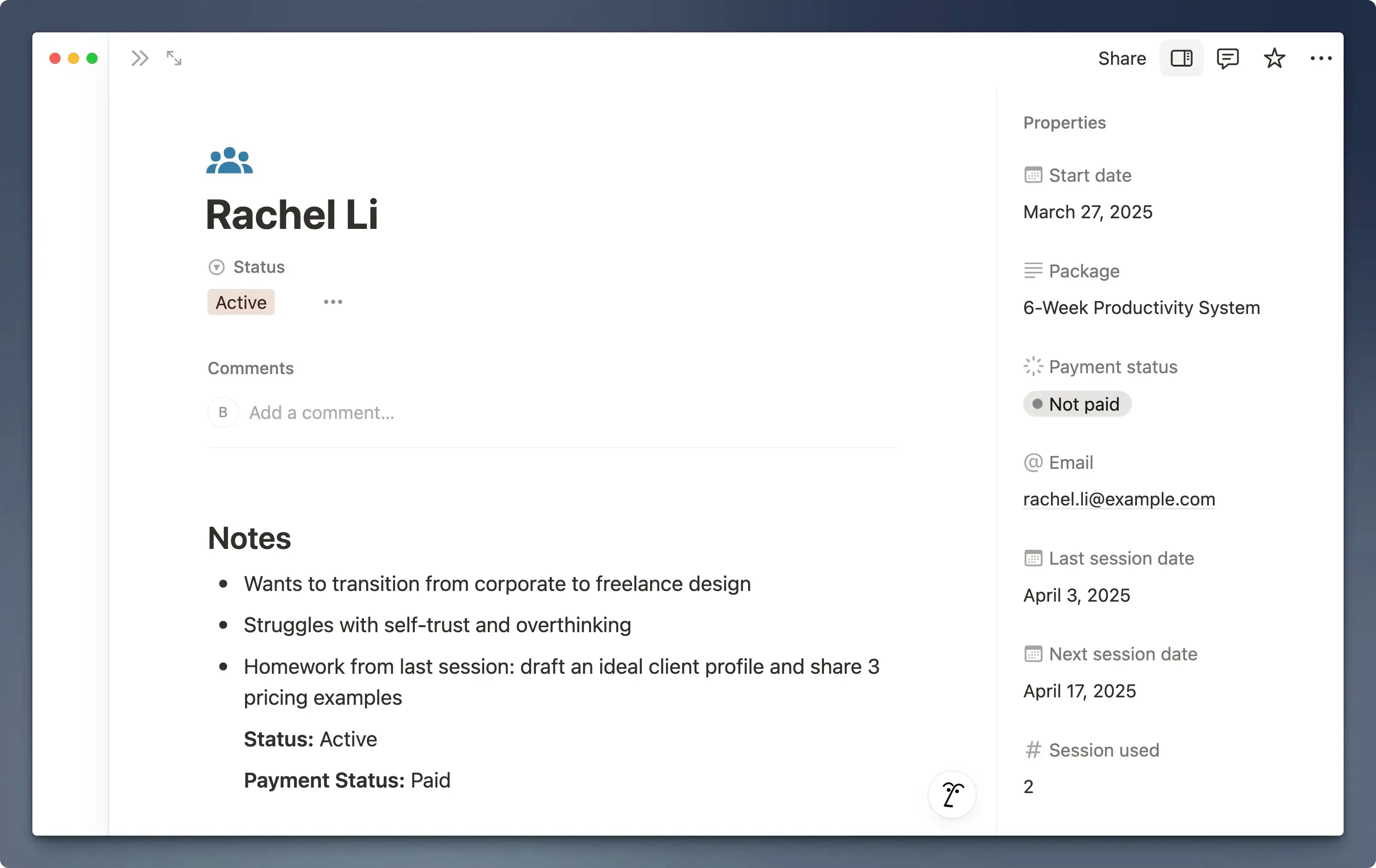 Sample client tracking tool in Notion